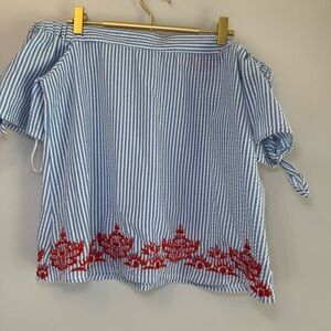 Macbeth Collection Blue and White‎ Off-Shoulder Blouse with Tie Front